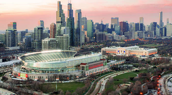 In an aerial view, Soldier Field is seen before a game between the Chicago Bears and the Minnesota Vikings at Soldier Field.